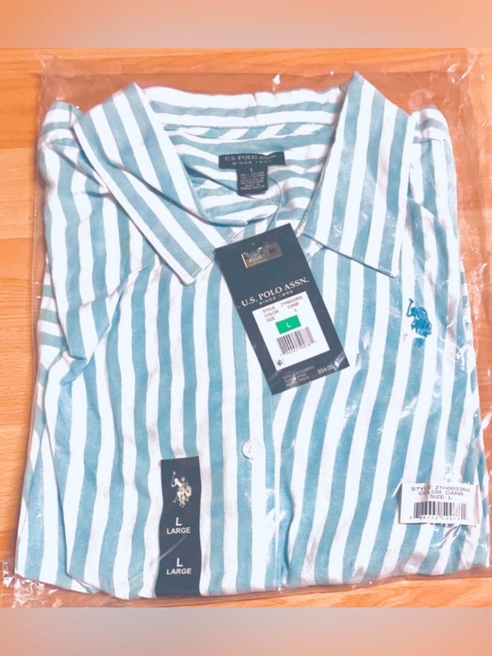U.S. Polo Assn. Blue/AquaLong Sleeve Knotted Stripe Shirt - Size Large - Picture 4 of 5